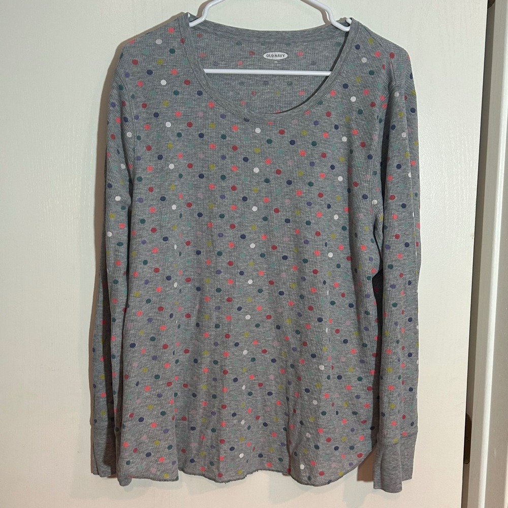 Old Navy Womens XXL‎ Gray Polka Dot Waffle Knit Thermal Long Sleeve Shirt Top